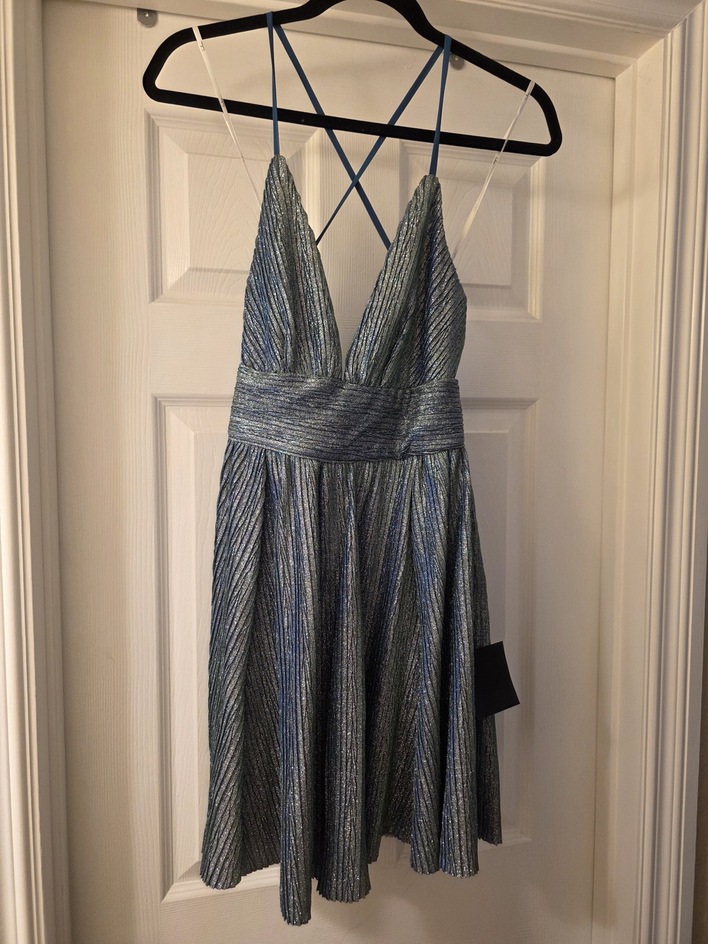 Lulu's Strappy V-Neck Metallic Blue/Green Party Dress